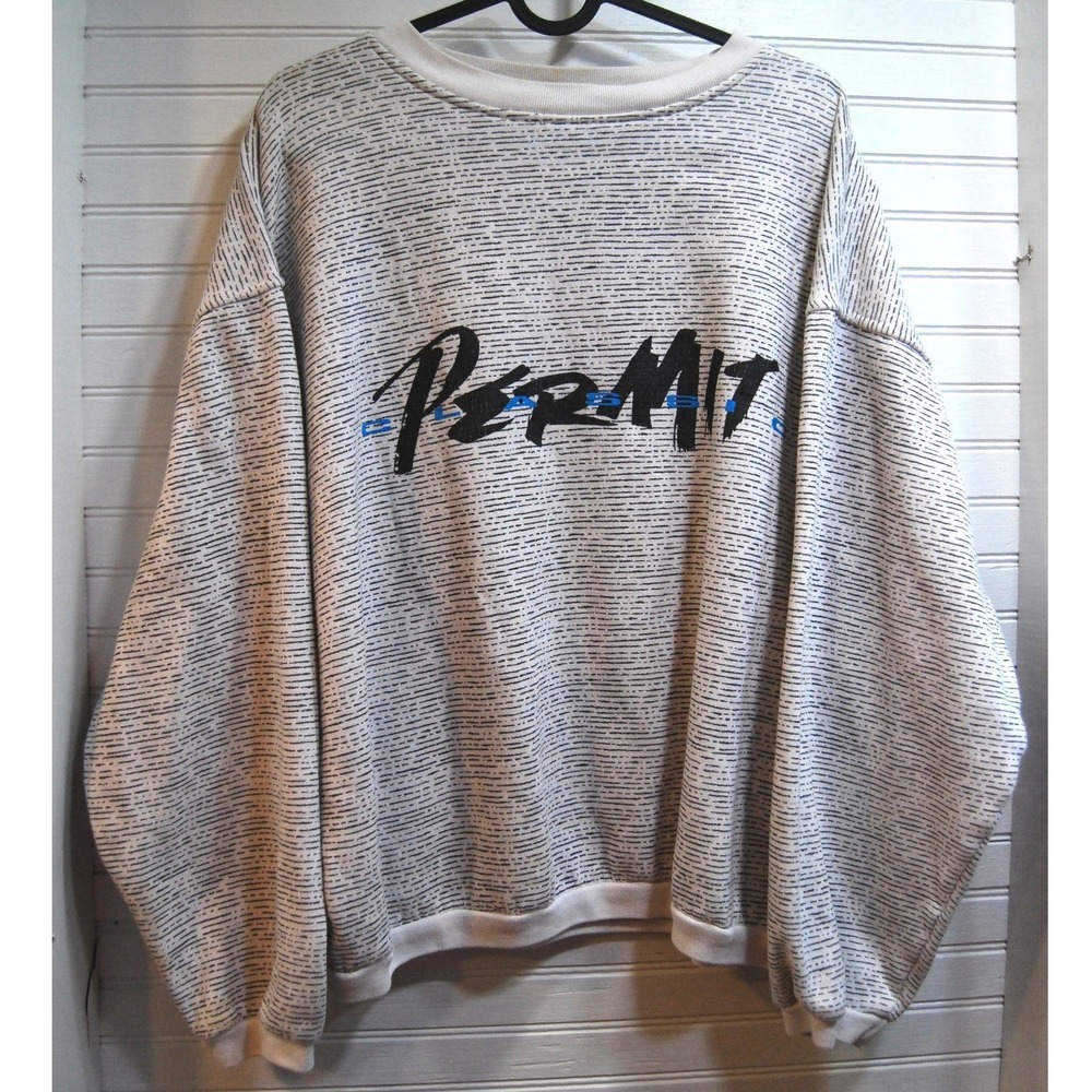 Vintage Permit Crewneck‎ sweatshirt Medium Black & white striped 90s logo front